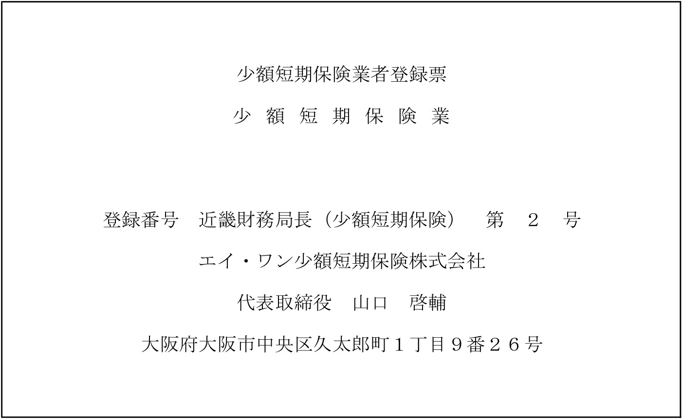 少額短期保険業者登録票